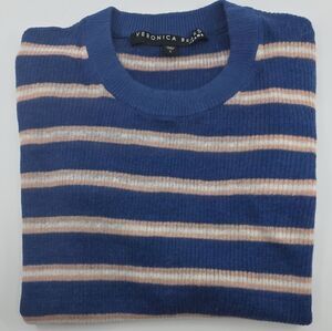 Veronica Beard Women's Dean Linen Sweater in Blue with Cream + Tan Stripes Small
